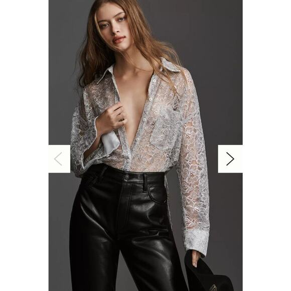 Anthropologie Tops - Anthropologie Metallic Lace Oversized Button-Down Silver Size XS NWT